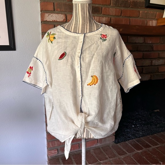 Anthropologie Intropia Linen Embroidered Fruit Top in Cream Sz L - Picture 2 of 12